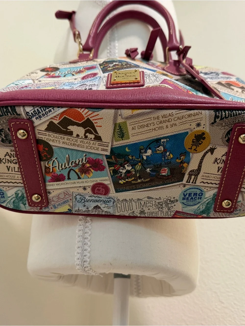 Dooney & Bourke Multicolor Disney Vacation Club Dome Satchel Burgundy Trim Purse